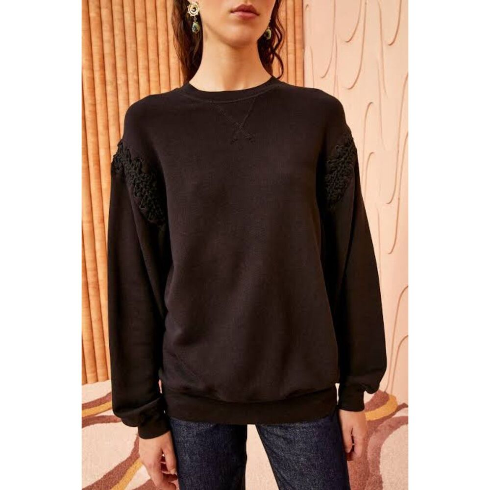 Ulla Johnson Cori Crochet Accent Pullover Sweatshirt Black size Medium